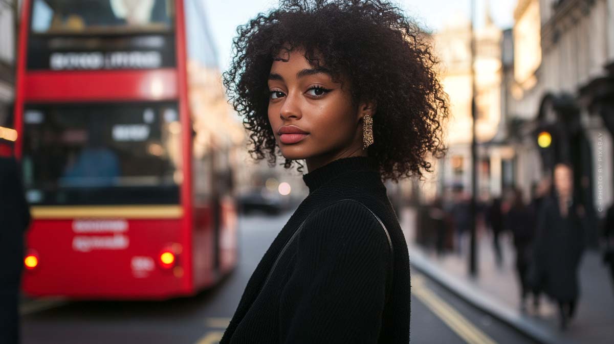 body-london-poc-model-curly-brown-hair-black-jacket-red-london-bus-city